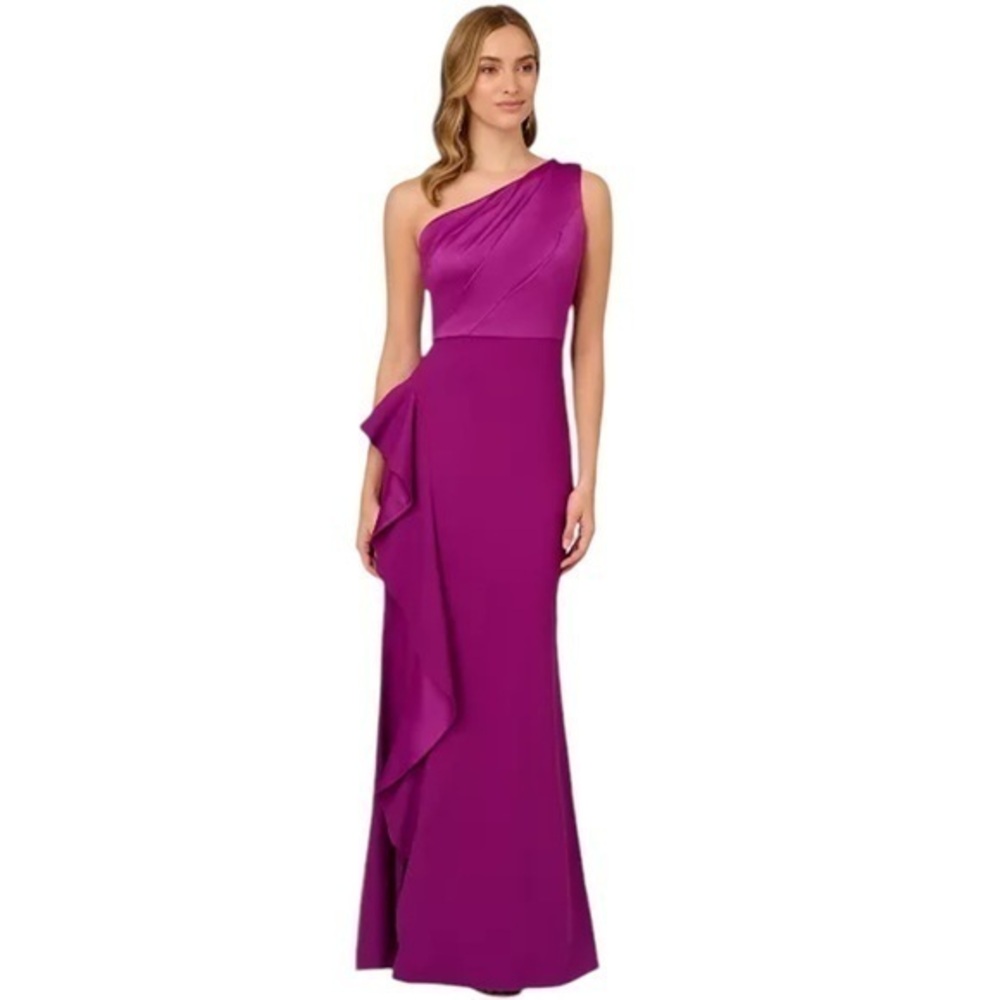 NWT Adrianna Papell Purple One Shoulder Satin Trim Draped Gown Size 2